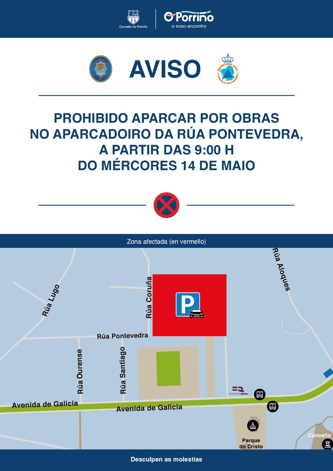 A partir do mércores, 14 de maio, o aparcadoiro da rúa Pontevedra estará pechado por obras na zona