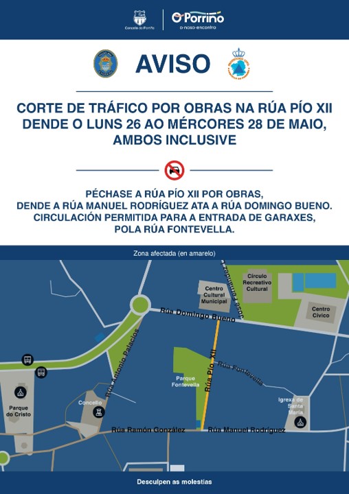 Corte de tráfico por obras na Rúa Pío XII