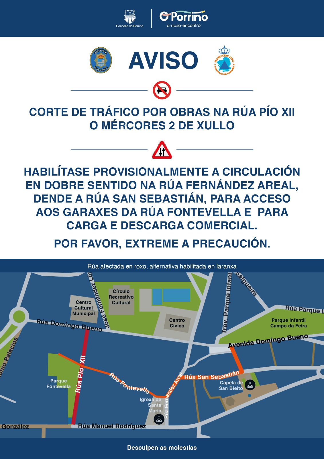 Aviso de cortes de tráfico nas rúas Pío XII e Fontevella dende mañá