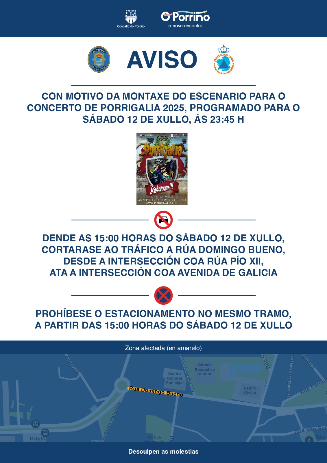 Aviso de cortes de tráfico e restricións de estacionamento con motivo da celebración de Porrigalia 2025