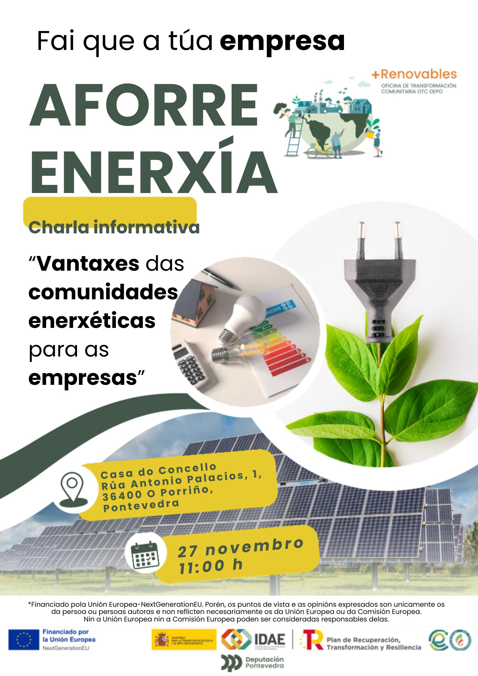 O Porriño acollerá unha xornada informativa sobre as vantaxes das comunidades enerxéticas para as empresas